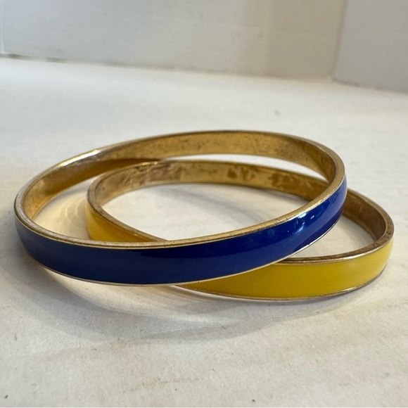 Vintage J Crew Gold Tone Blue & Yellow Enamel Bangle Bracelets 8.5” Lot of 2 - Picture 2 of 13
